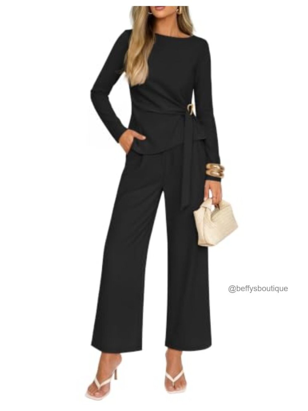 Women's 2 Piece Knit Pant Set Boat Neck Top Wide Leg Pants Work Office Outfit